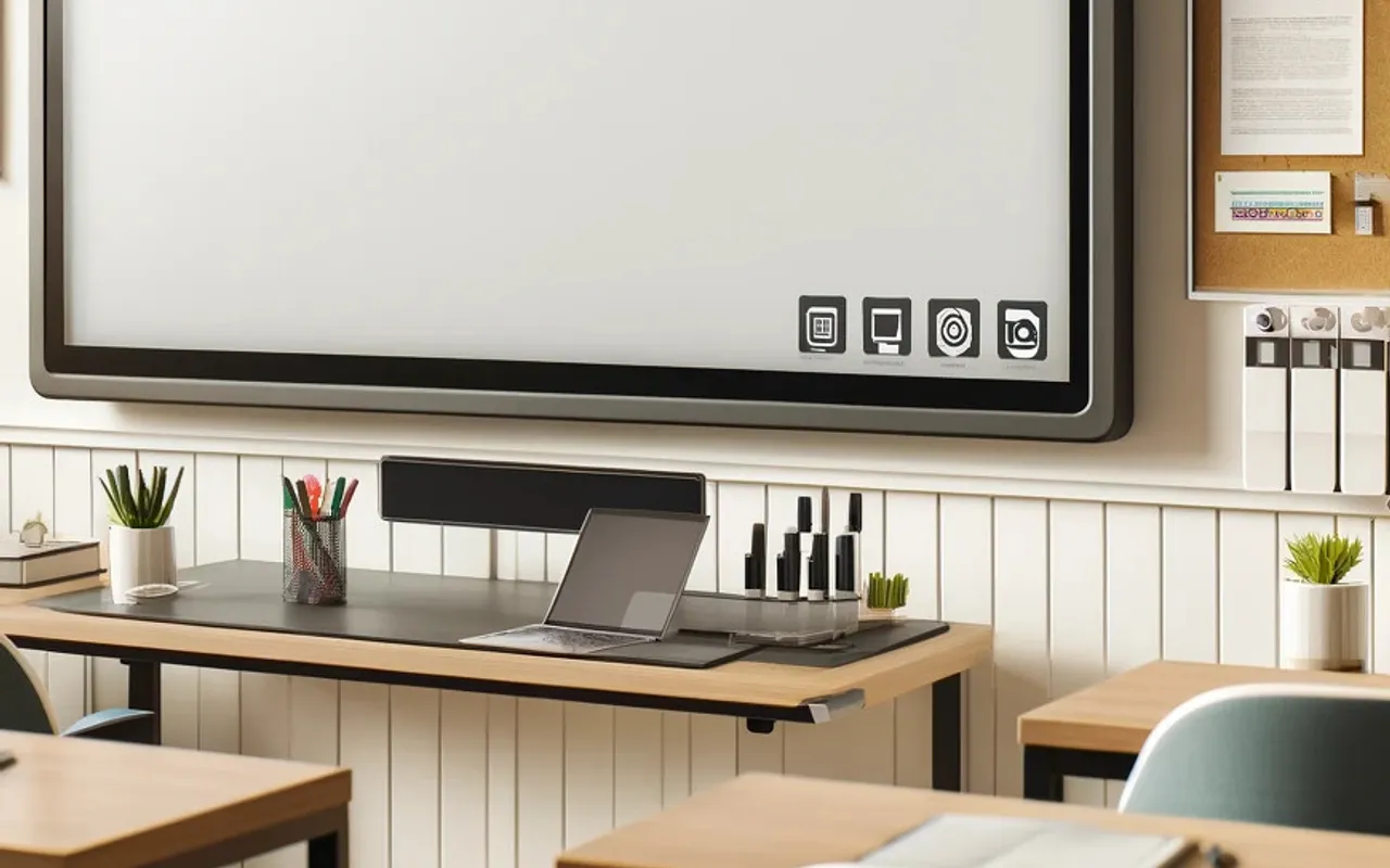 Wandtafel und Arbeitsplatz in einem Klassenraum
